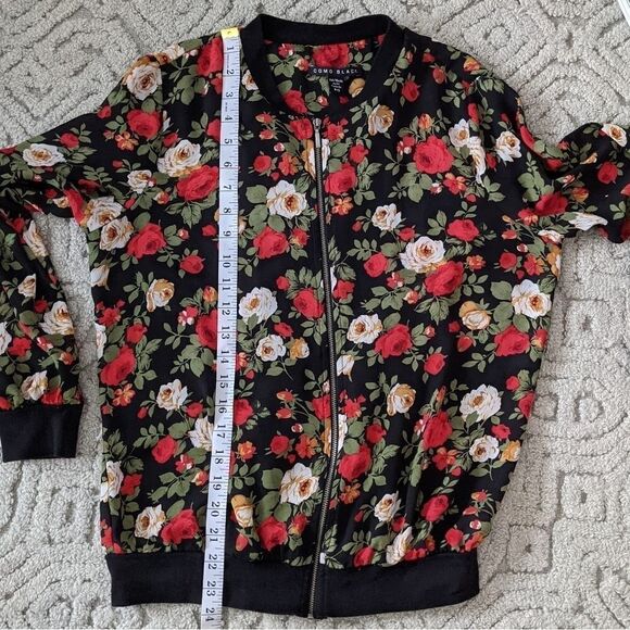 Como BLACK bright floral roses print zip bomber jacket blouse size S @X - Picture 5 of 8